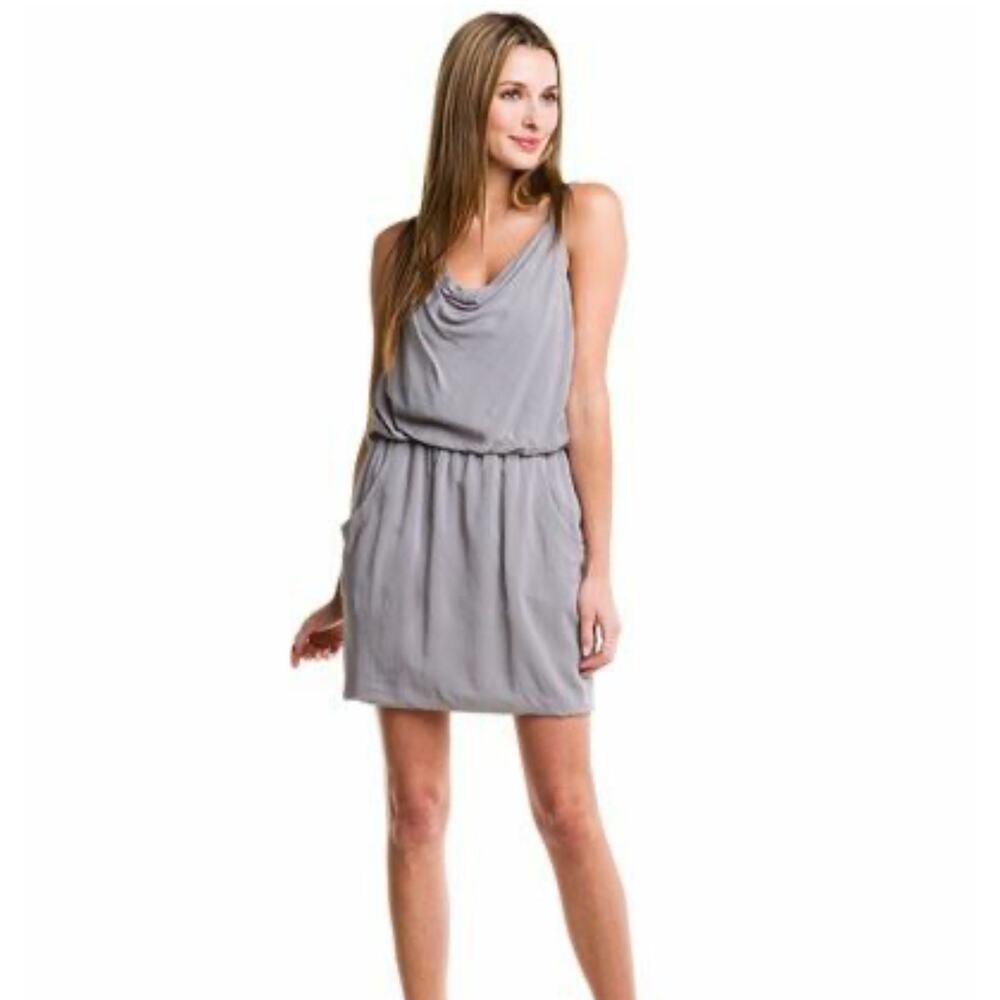 Theory Gray Draped Neck Silk Blend Sleeveless Dress with Pockets Size 6